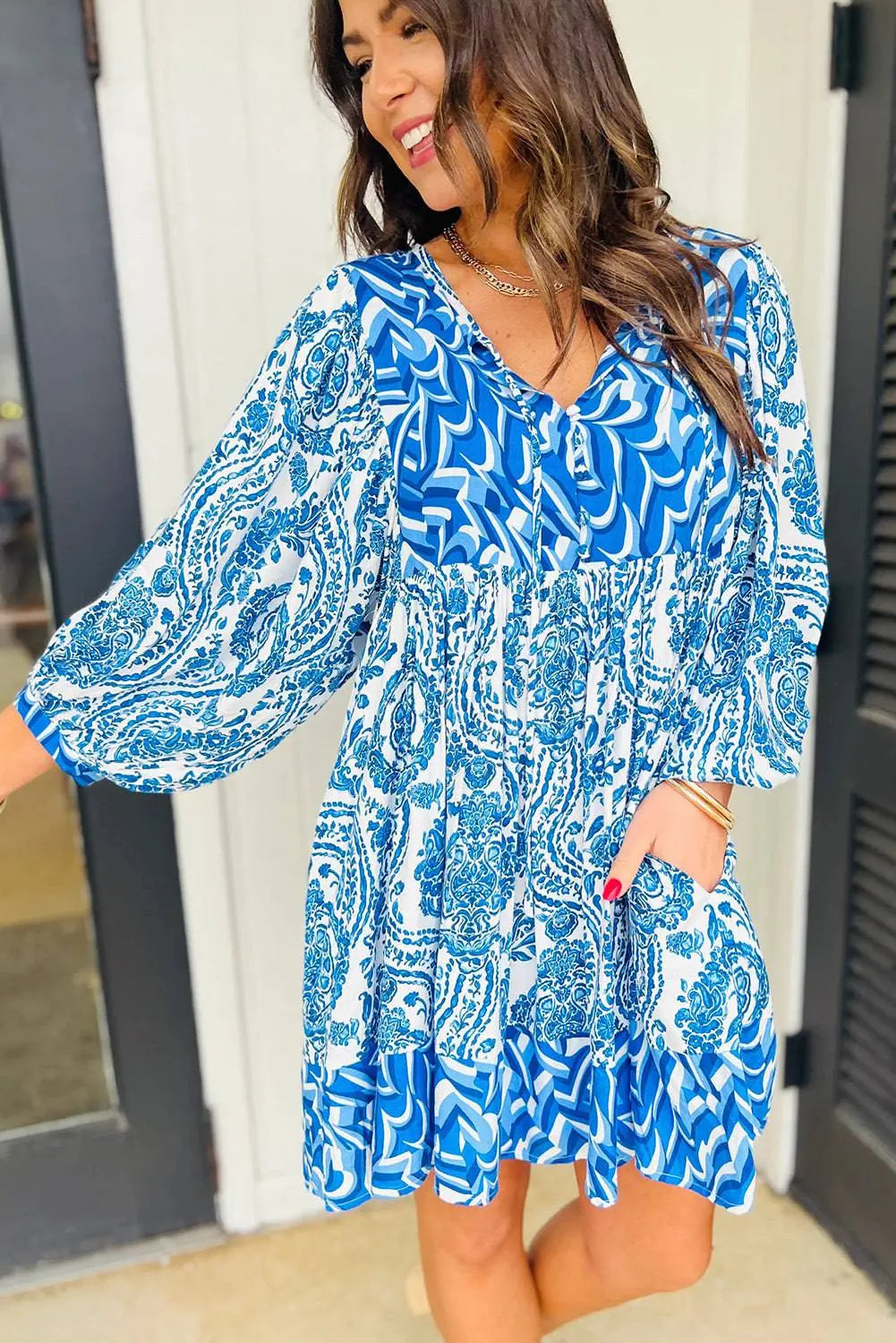 Green Bohemian Print Puff Sleeve Tied V Neck Flared Mini Dress - BB Fashion Outlet