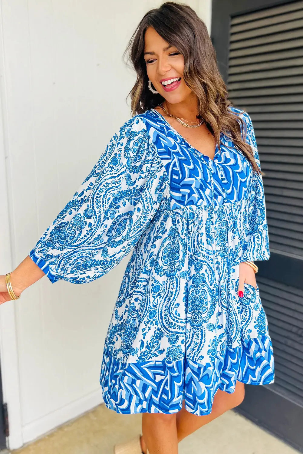 Green Bohemian Print Puff Sleeve Tied V Neck Flared Mini Dress - BB Fashion Outlet