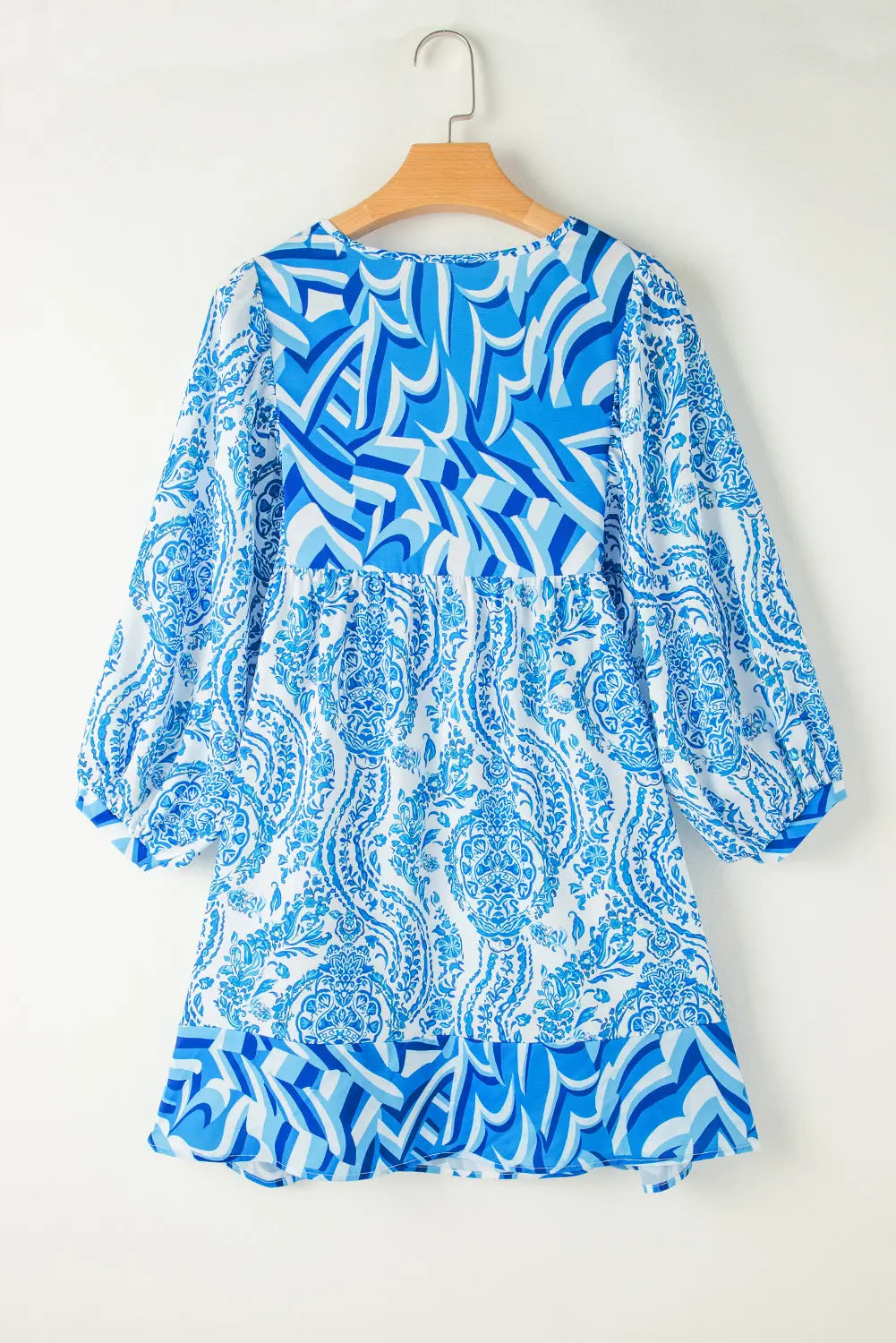 Green Bohemian Print Puff Sleeve Tied V Neck Flared Mini Dress - BB Fashion Outlet