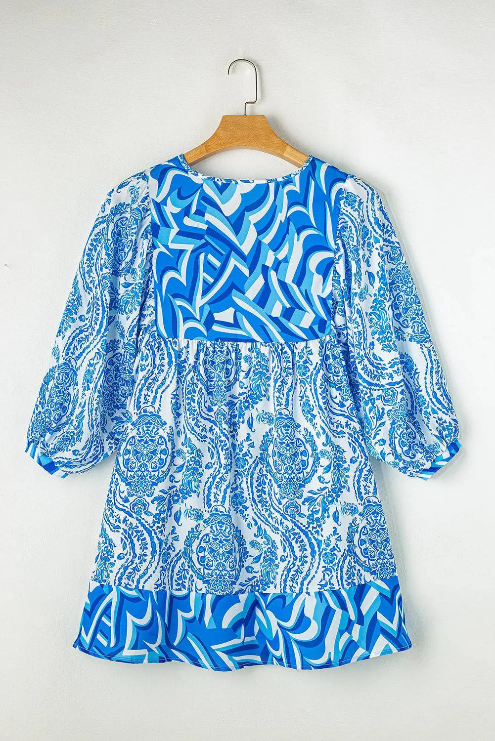 Green Bohemian Print Puff Sleeve Tied V Neck Flared Mini Dress - BB Fashion Outlet