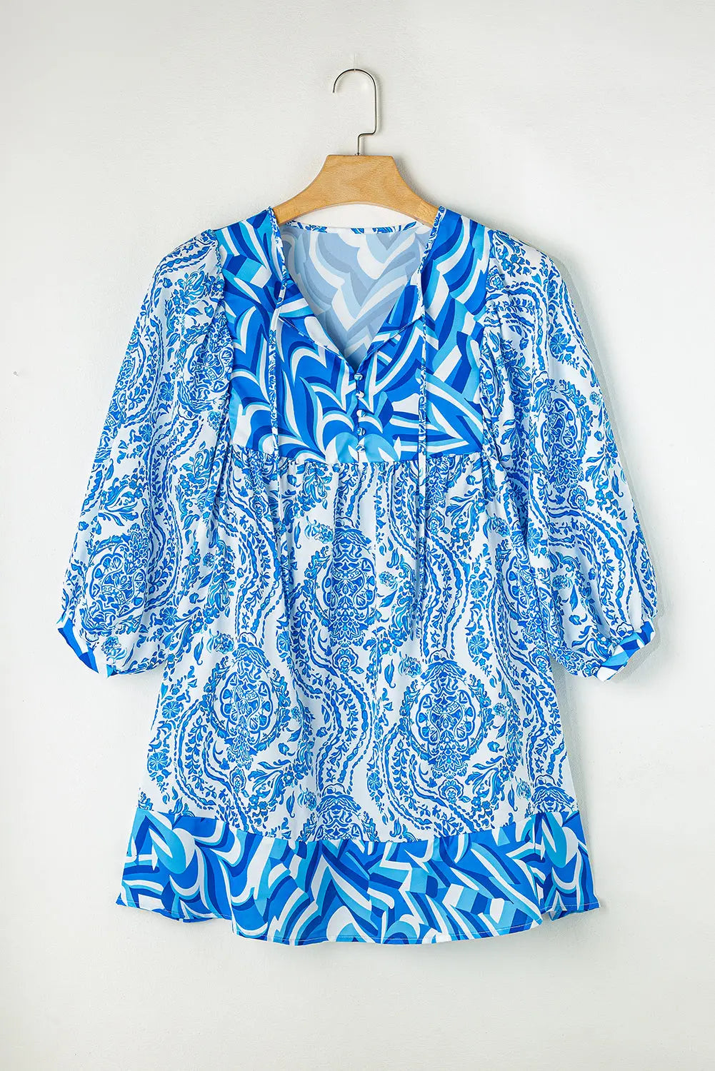Green Bohemian Print Puff Sleeve Tied V Neck Flared Mini Dress - BB Fashion Outlet