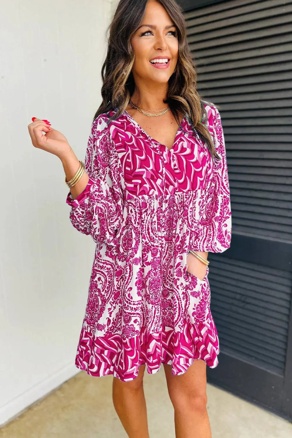 Green Bohemian Print Puff Sleeve Tied V Neck Flared Mini Dress - BB Fashion Outlet