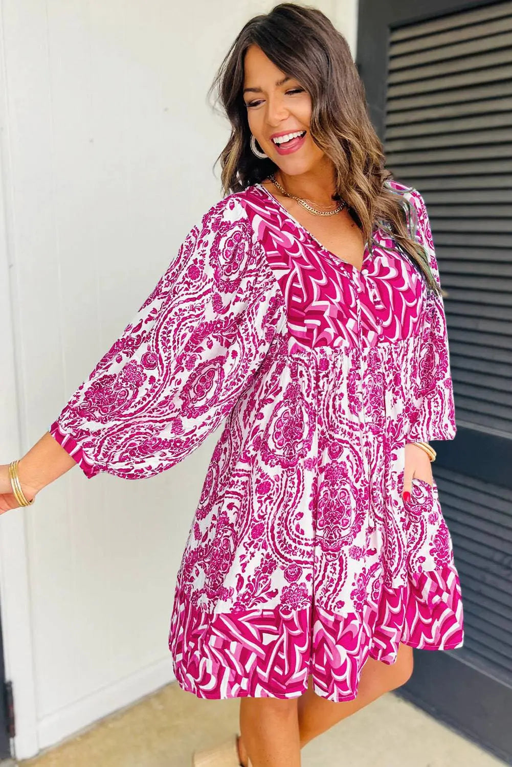 Green Bohemian Print Puff Sleeve Tied V Neck Flared Mini Dress - BB Fashion Outlet