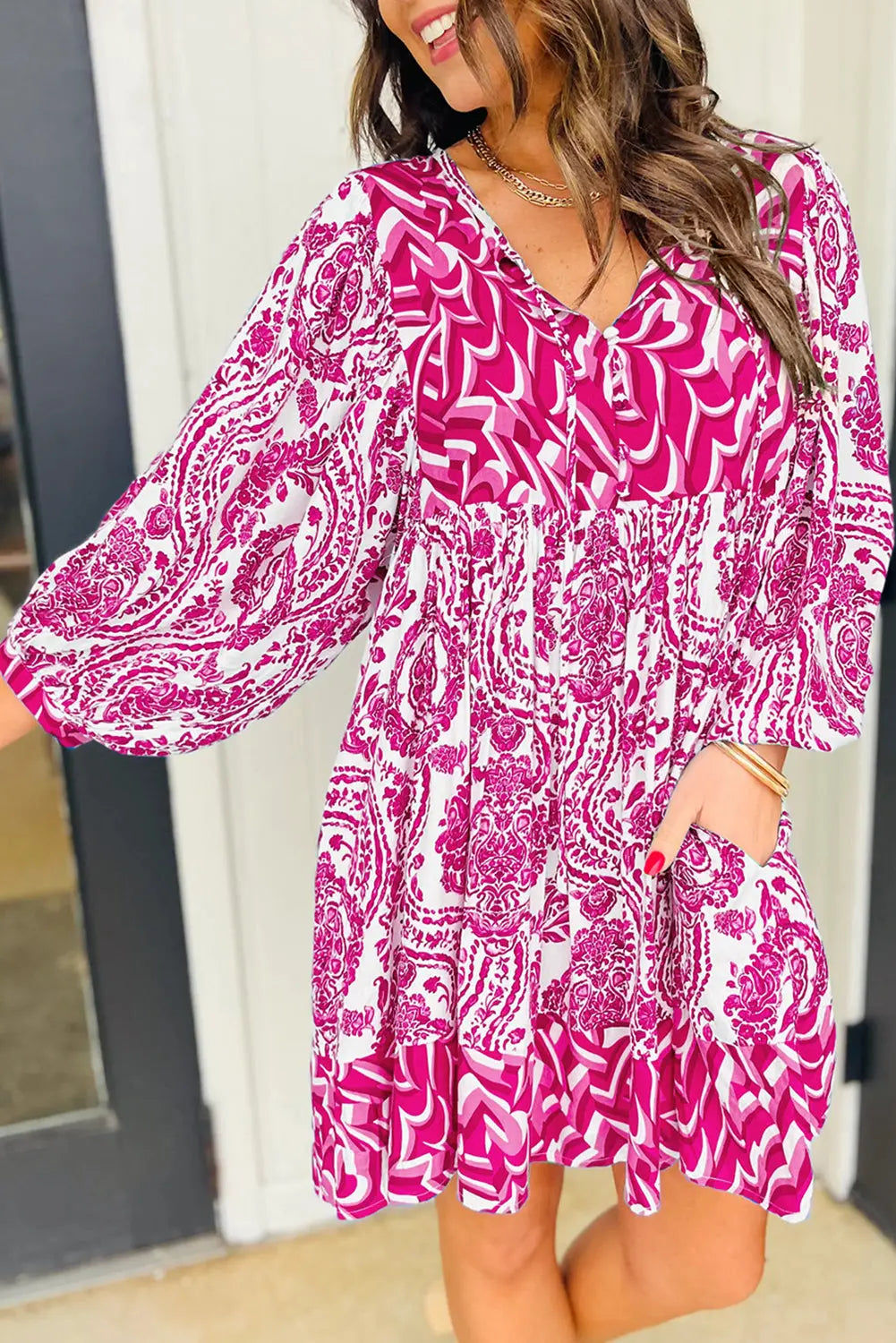 Green Bohemian Print Puff Sleeve Tied V Neck Flared Mini Dress - BB Fashion Outlet