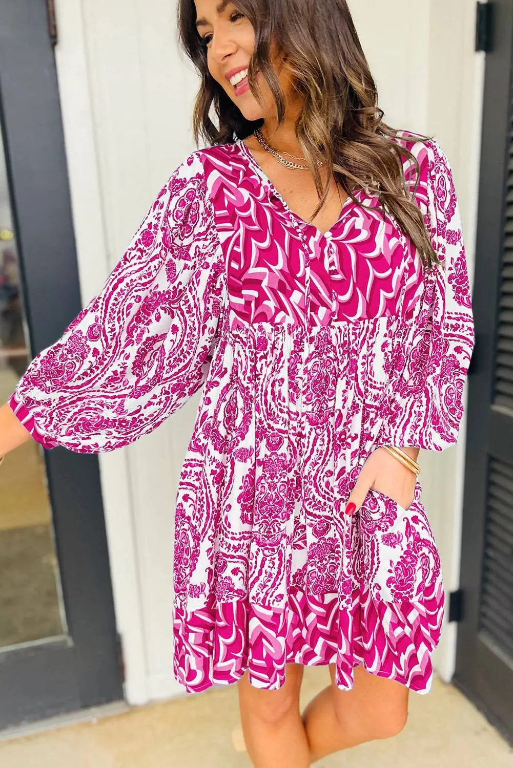 Green Bohemian Print Puff Sleeve Tied V Neck Flared Mini Dress - BB Fashion Outlet