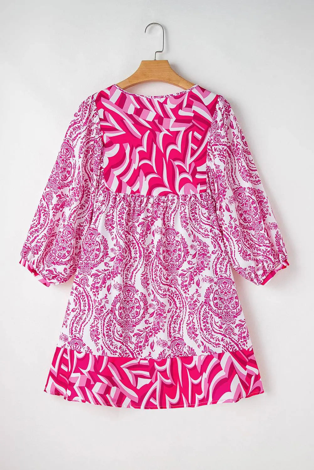 Green Bohemian Print Puff Sleeve Tied V Neck Flared Mini Dress - BB Fashion Outlet