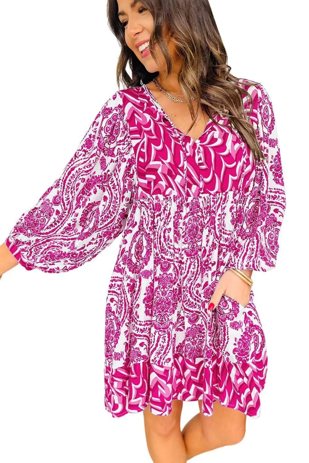 Green Bohemian Print Puff Sleeve Tied V Neck Flared Mini Dress - BB Fashion Outlet