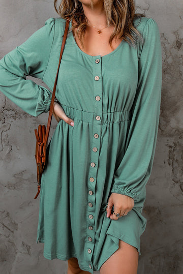 Green Button Up High Waist Long Sleeve Dress - eAura