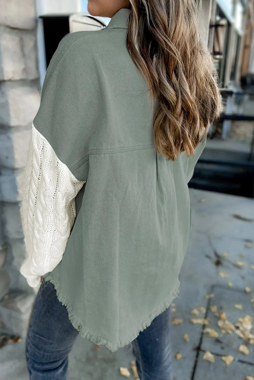 Green Cable Knit Sleeve Raw Hem Shacket - eAura