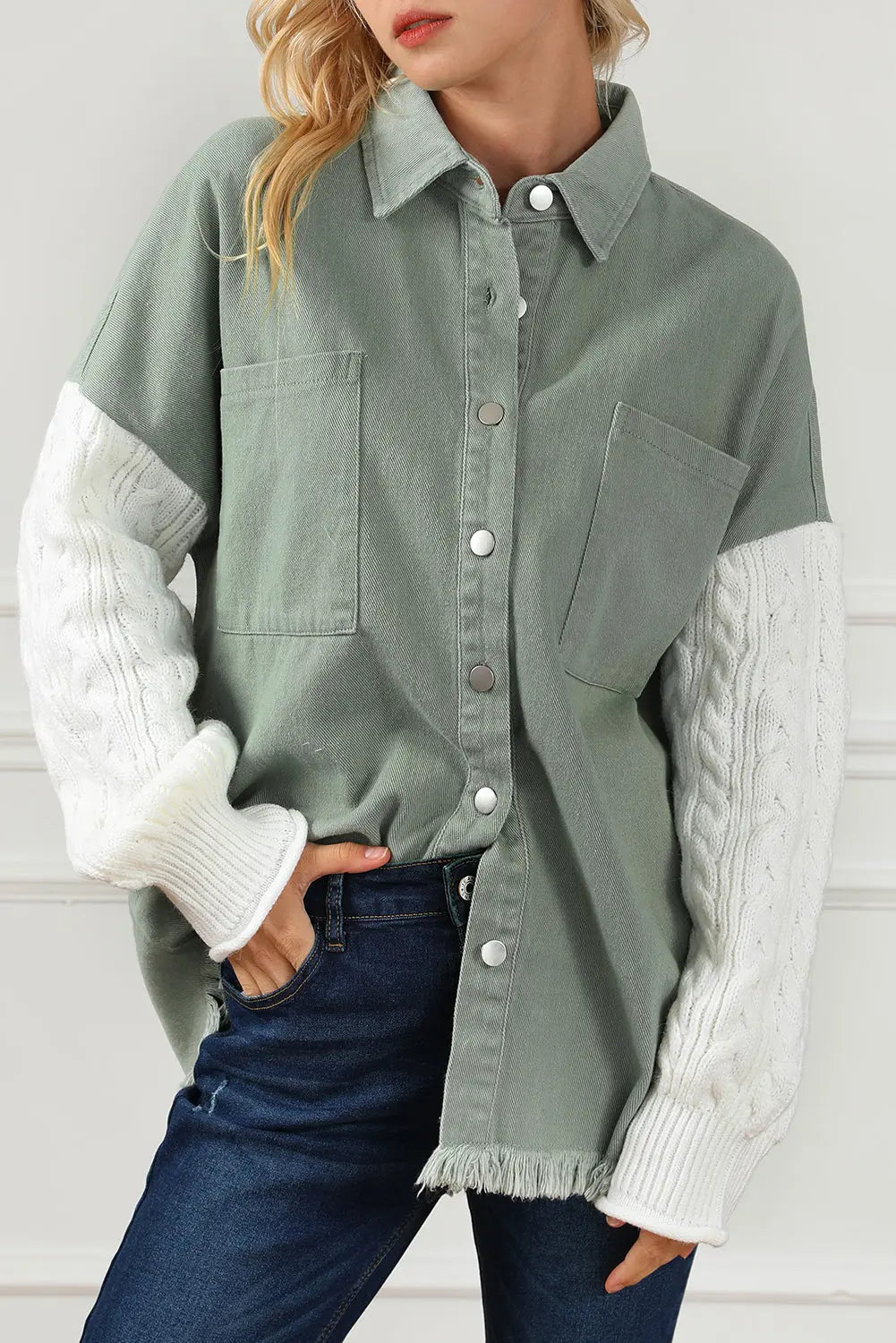 Green Cable Knit Sleeve Raw Hem Shacket - eAura