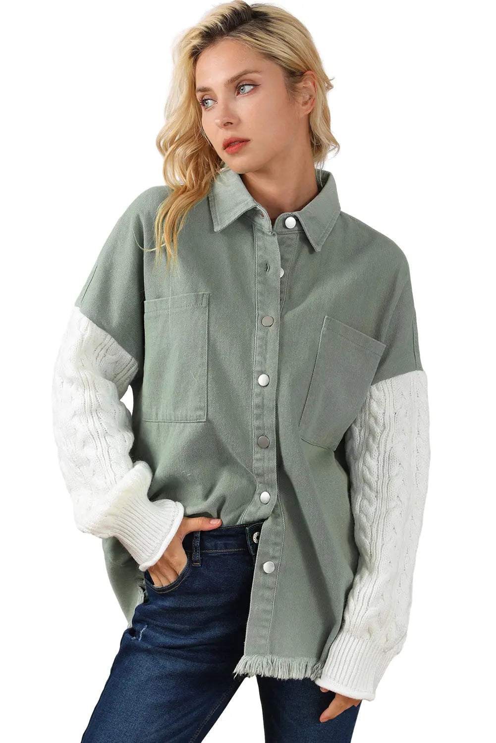 Green Cable Knit Sleeve Raw Hem Shacket - eAura