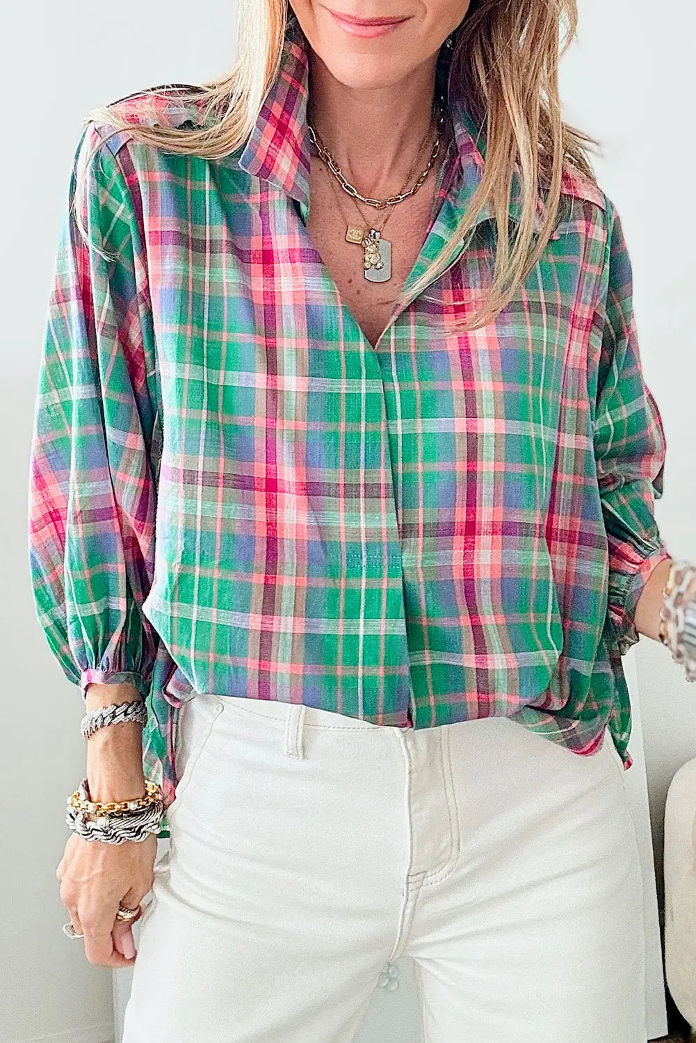 Green Checkered 3/4 Sleeve Collared Loose Fit Shirt Beagle Boutique Fashion Outlet