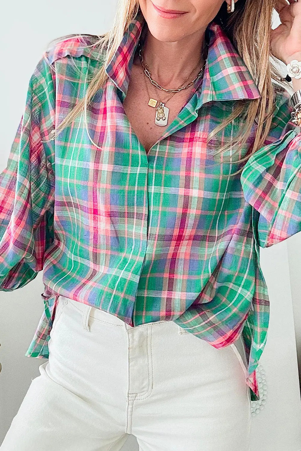 Green Checkered 3/4 Sleeve Collared Loose Fit Shirt Beagle Boutique Fashion Outlet