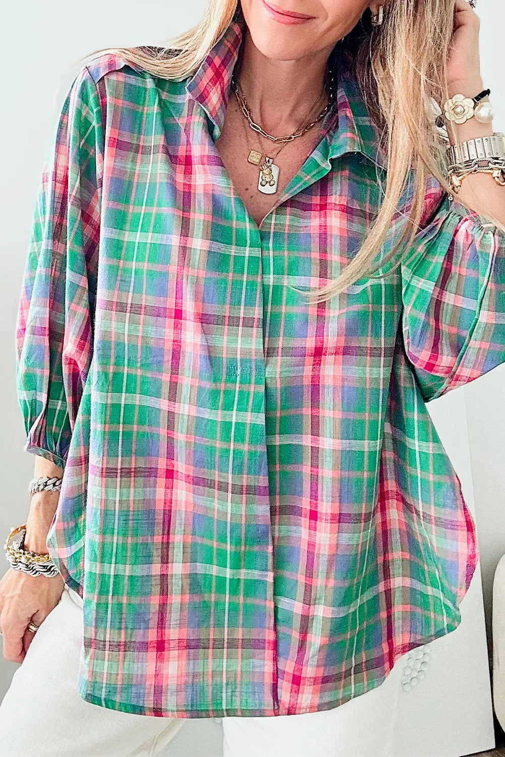 Green Checkered 3/4 Sleeve Collared Loose Fit Shirt Beagle Boutique Fashion Outlet