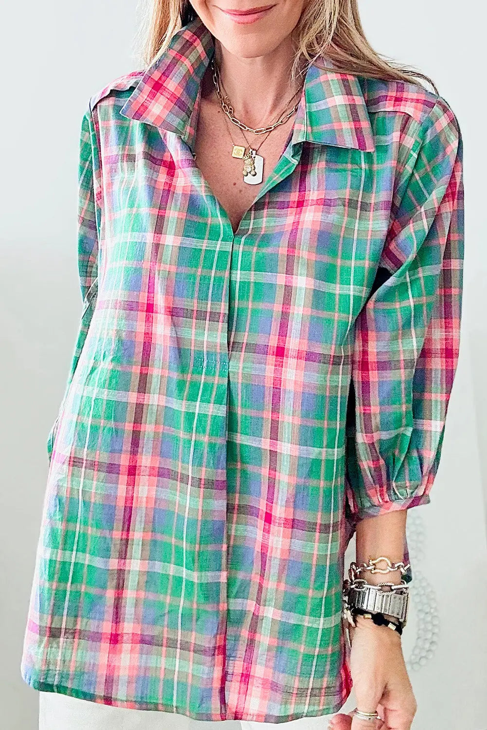 Green Checkered 3/4 Sleeve Collared Loose Fit Shirt Beagle Boutique Fashion Outlet