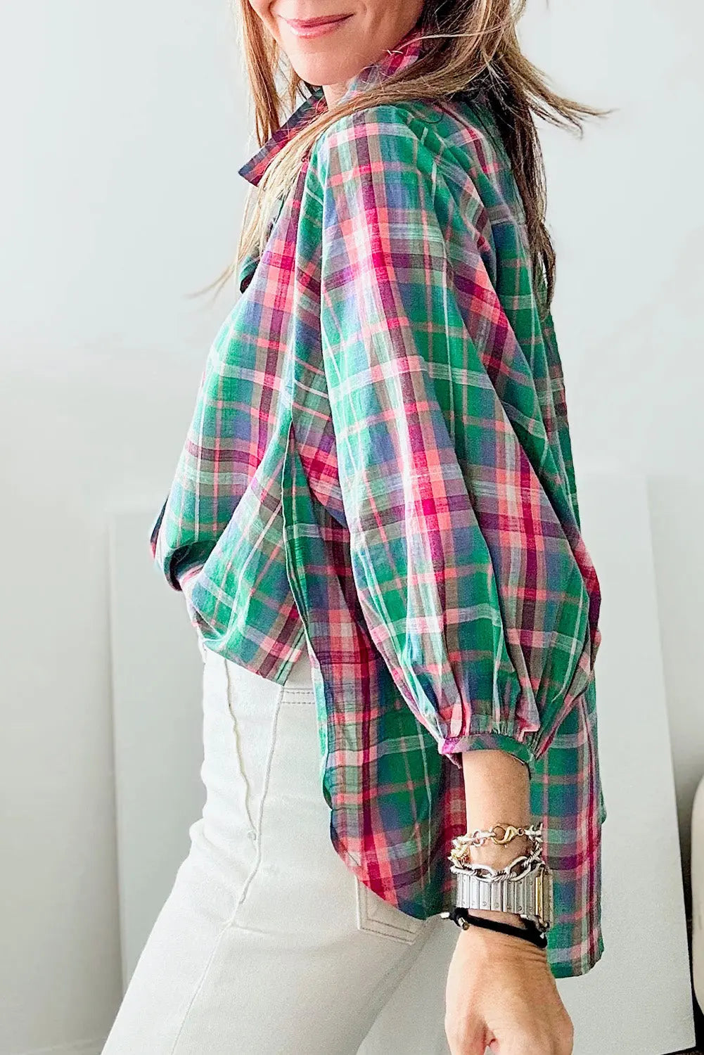 Green Checkered 3/4 Sleeve Collared Loose Fit Shirt Beagle Boutique Fashion Outlet