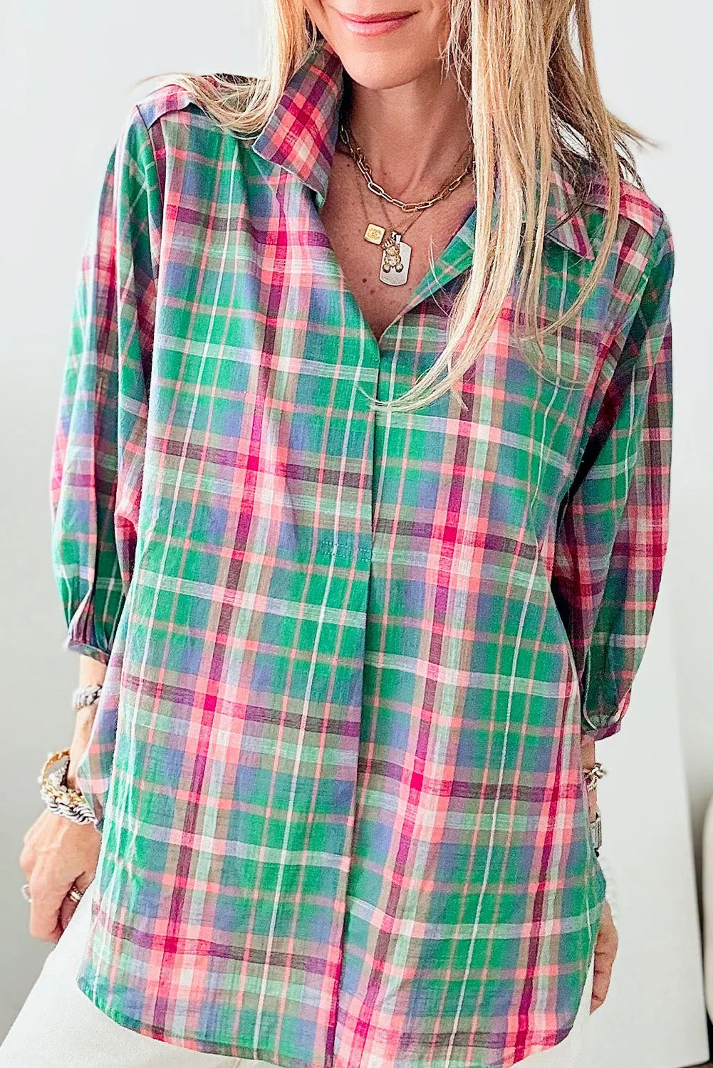 Green Checkered 3/4 Sleeve Collared Loose Fit Shirt Beagle Boutique Fashion Outlet