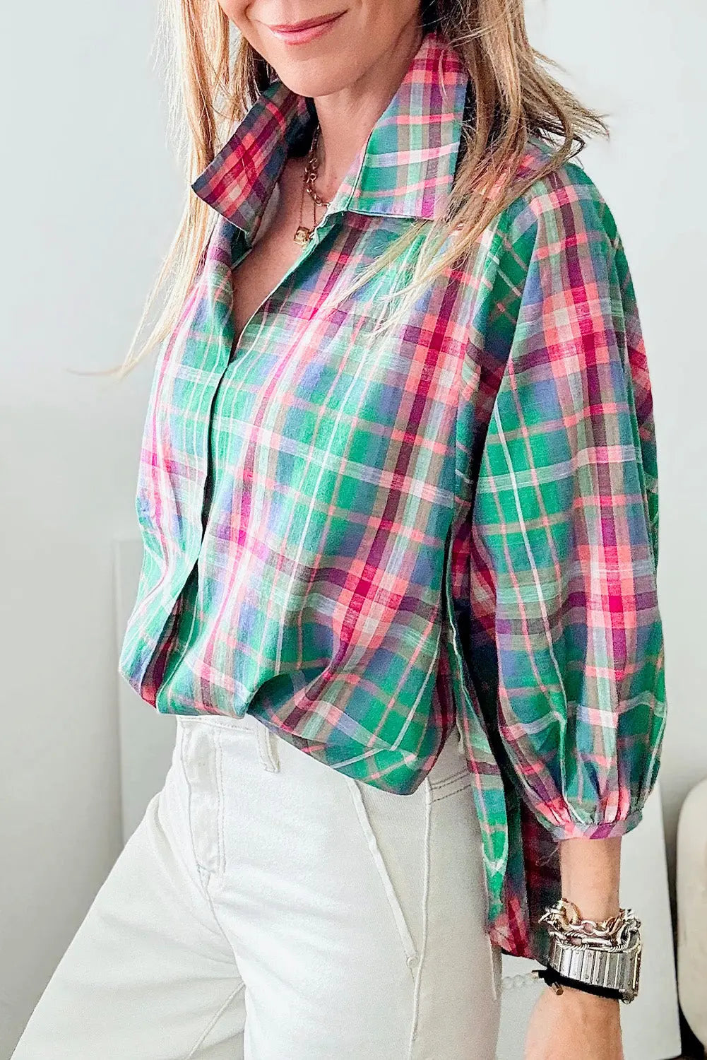 Green Checkered 3/4 Sleeve Collared Loose Fit Shirt Beagle Boutique Fashion Outlet