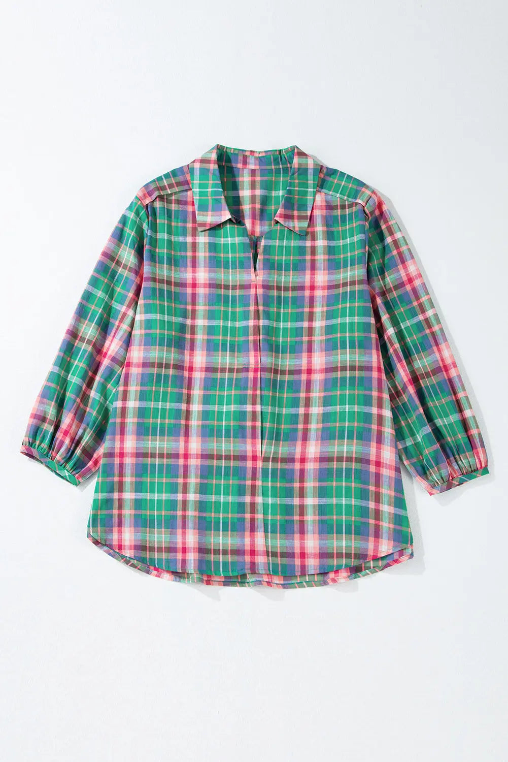Green Checkered 3/4 Sleeve Collared Loose Fit Shirt Beagle Boutique Fashion Outlet