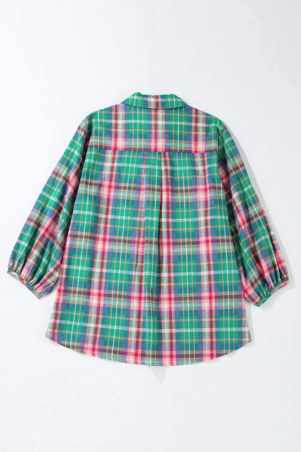 Green Checkered 3/4 Sleeve Collared Loose Fit Shirt Beagle Boutique Fashion Outlet