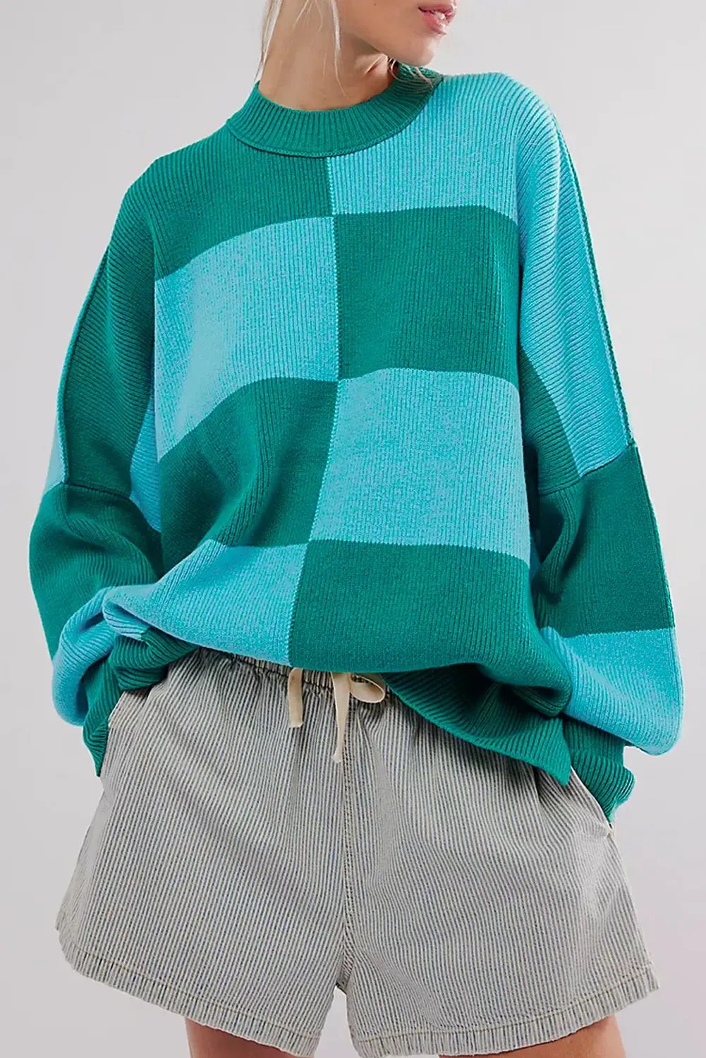 Checkered Side Slits Drop Shoulder Oversized Sweater