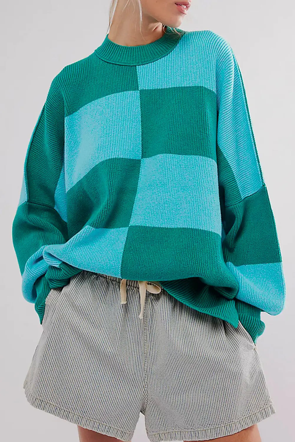 Green Checkered Side Slits Drop Shoulder Oversized Sweater Beagle Boutique Fashion Outlet
