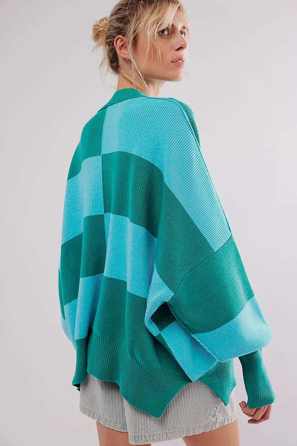 Green Checkered Side Slits Drop Shoulder Oversized Sweater Beagle Boutique Fashion Outlet
