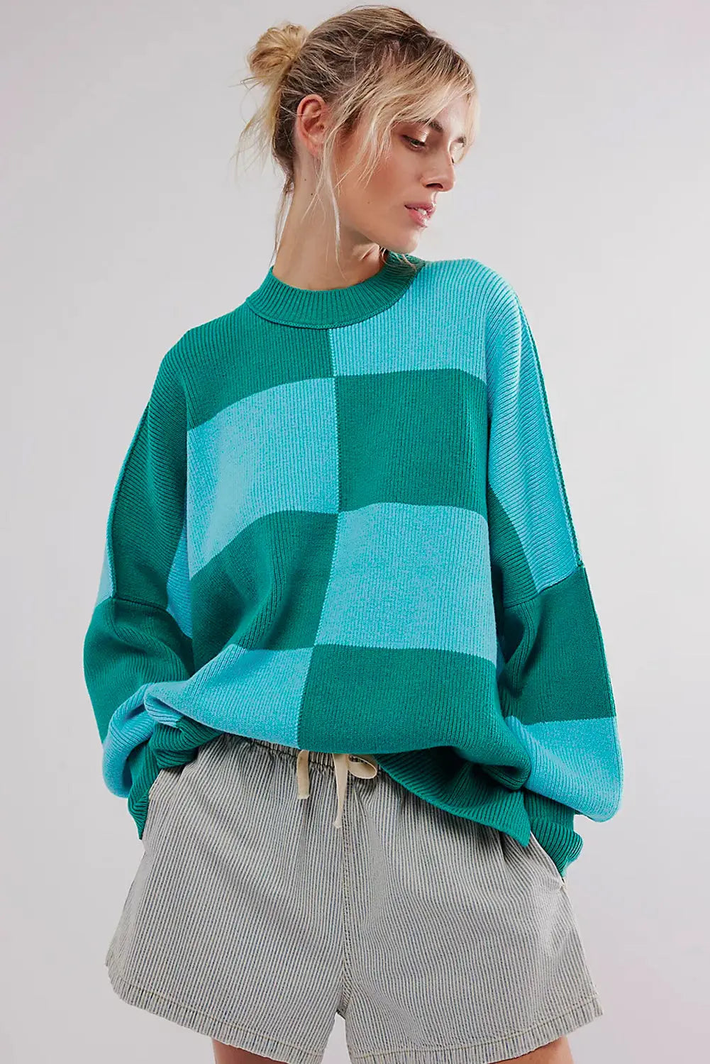 Green Checkered Side Slits Drop Shoulder Oversized Sweater Beagle Boutique Fashion Outlet