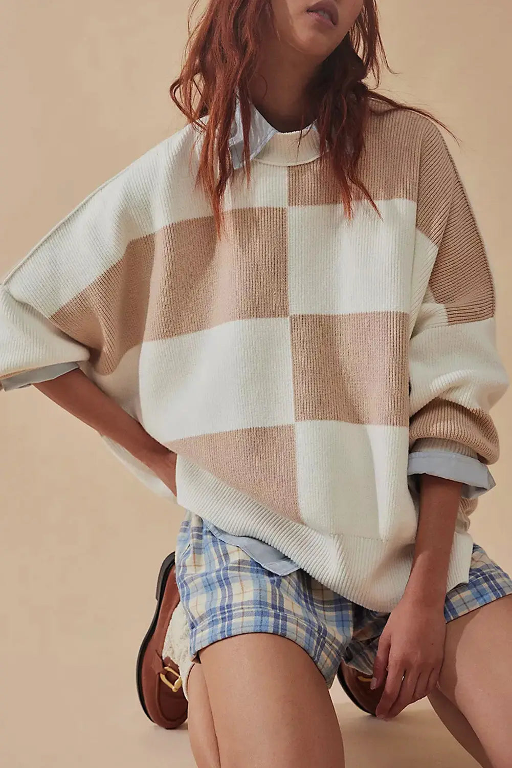 Green Checkered Side Slits Drop Shoulder Oversized Sweater Beagle Boutique Fashion Outlet