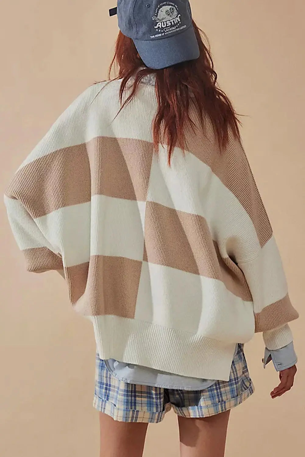 Green Checkered Side Slits Drop Shoulder Oversized Sweater Beagle Boutique Fashion Outlet