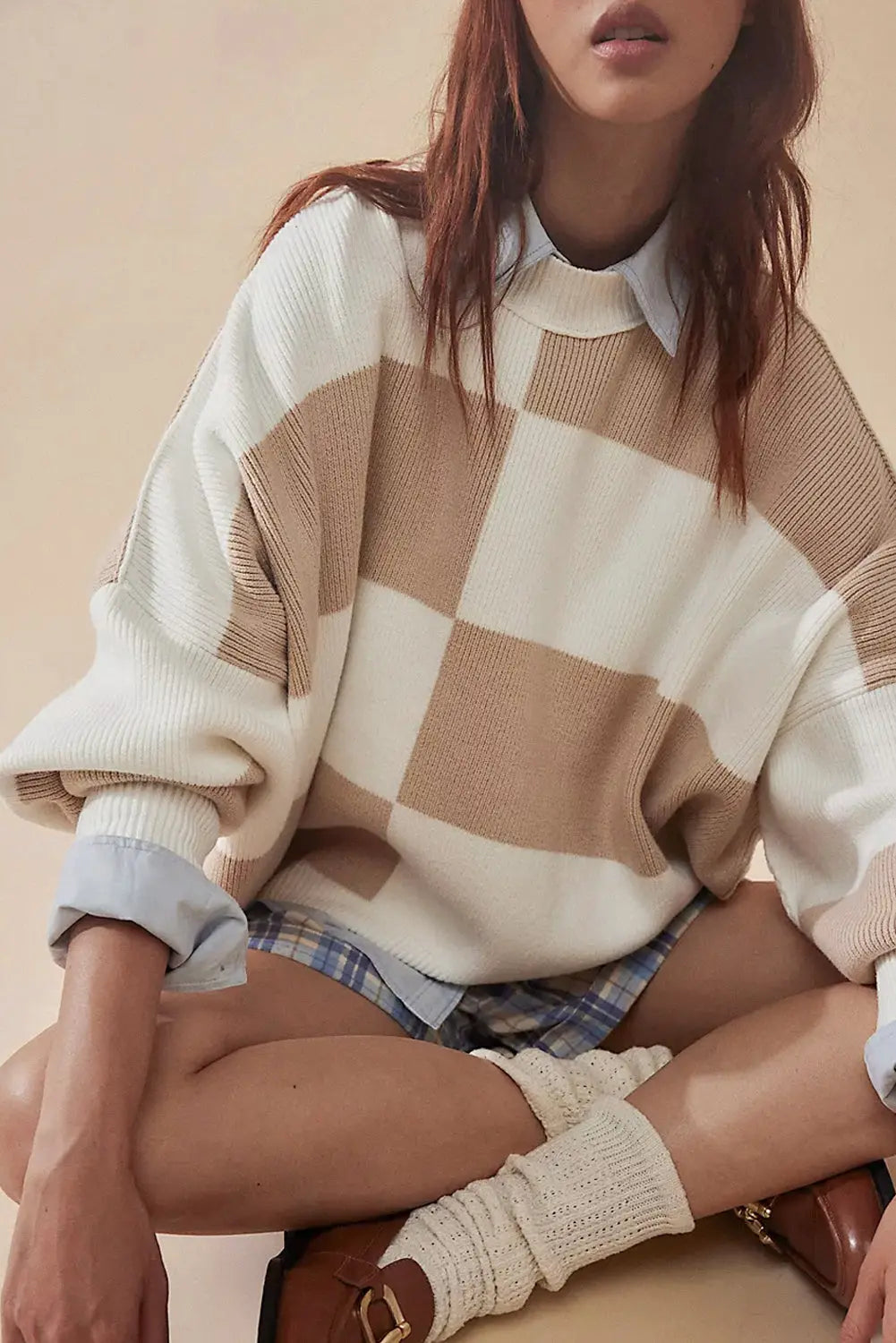 Green Checkered Side Slits Drop Shoulder Oversized Sweater Beagle Boutique Fashion Outlet