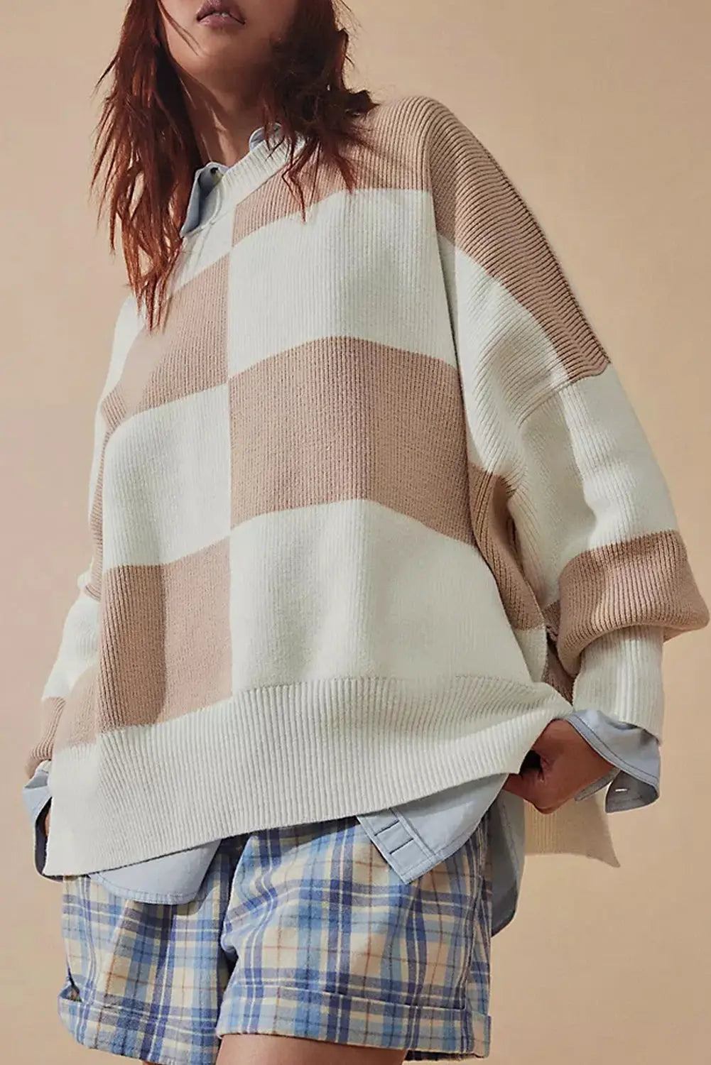 Green Checkered Side Slits Drop Shoulder Oversized Sweater Beagle Boutique Fashion Outlet