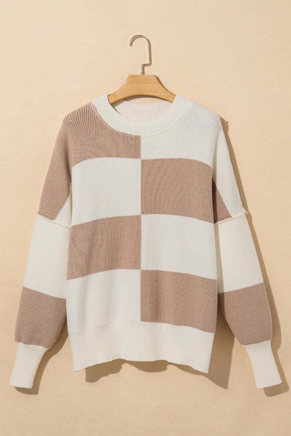 Green Checkered Side Slits Drop Shoulder Oversized Sweater Beagle Boutique Fashion Outlet