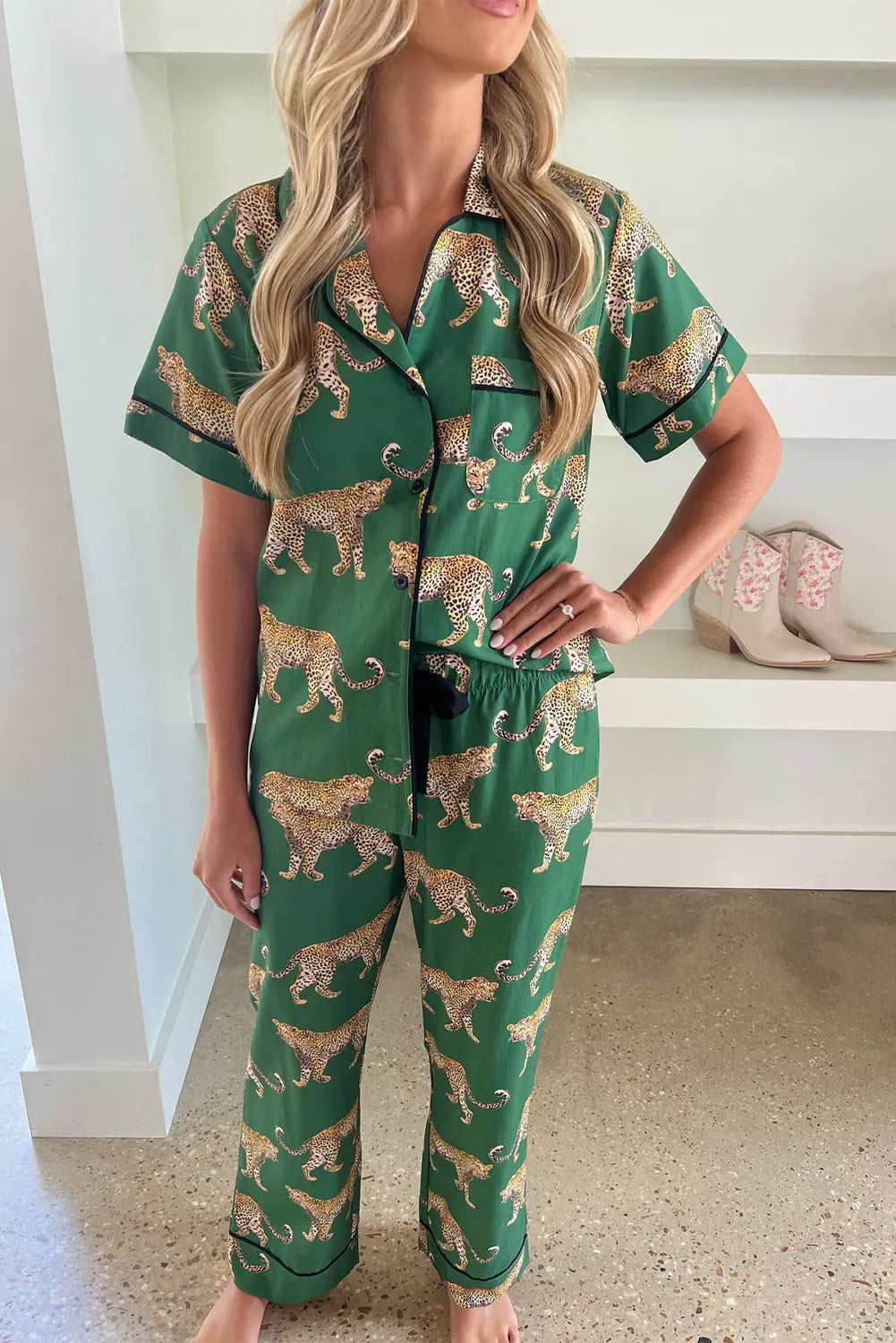 Green Cheetah Print Short Sleeve Shirt and Trousers Pajama Set eAura