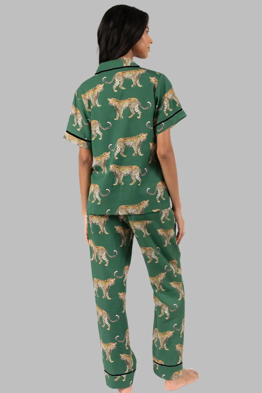 Green Cheetah Print Short Sleeve Shirt and Trousers Pajama Set eAura