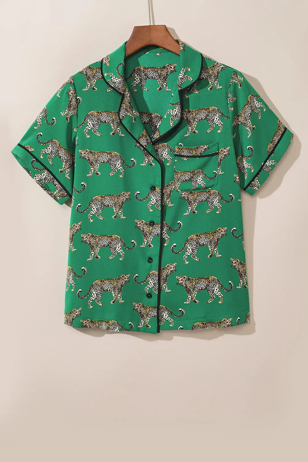 Green Cheetah Print Short Sleeve Shirt and Trousers Pajama Set eAura