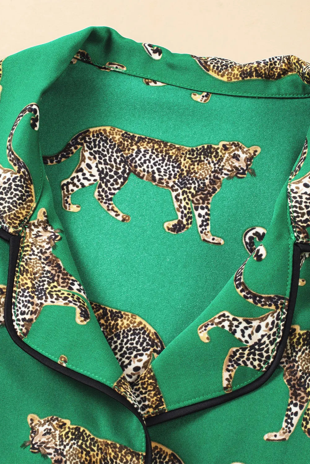 Green Cheetah Print Short Sleeve Shirt and Trousers Pajama Set eAura