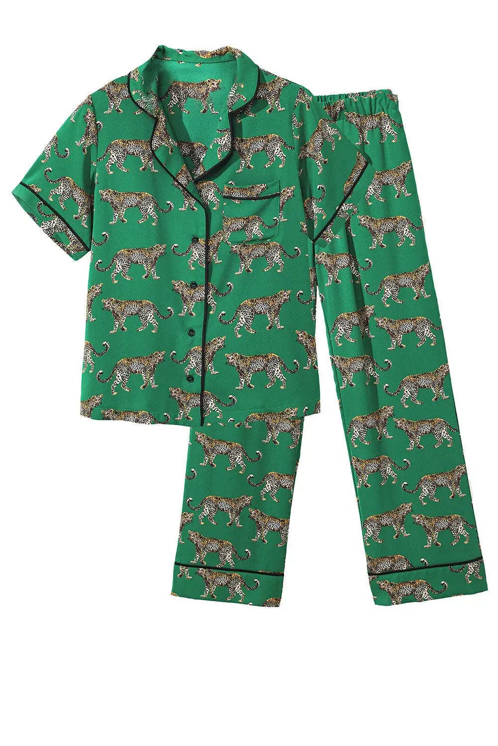 Green Cheetah Print Short Sleeve Shirt and Trousers Pajama Set eAura