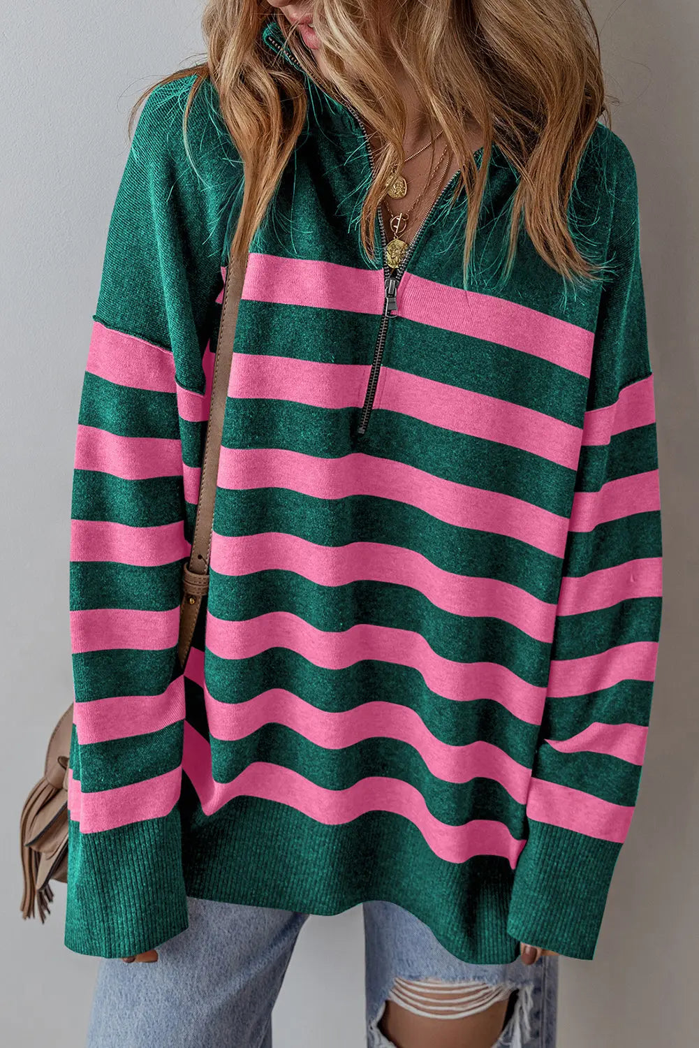Green Collared Quarter Zipper Oversized Sweater - eAura