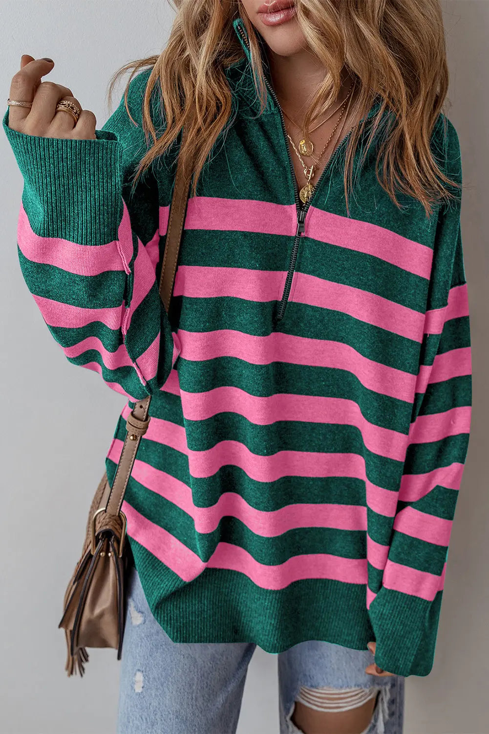 Green Collared Quarter Zipper Oversized Sweater - eAura