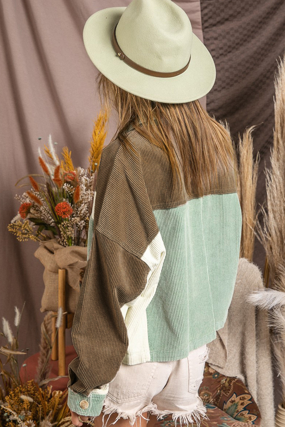 Green Colour Block Patchwork Vintage Corduroy Jacket - eAura