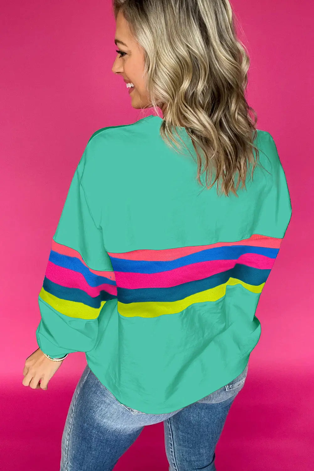 Green Colourful Striped Accent Long Sleeve T Shirt Beagle Boutique Fashion Outlet