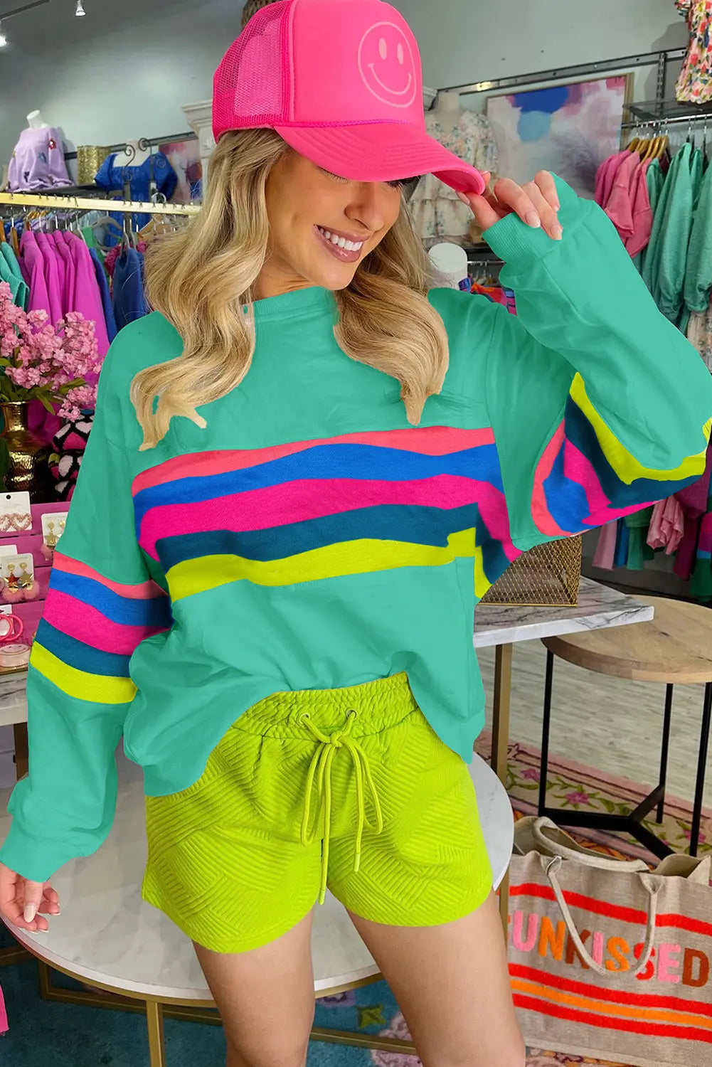 Green Colourful Striped Accent Long Sleeve T Shirt Beagle Boutique Fashion Outlet