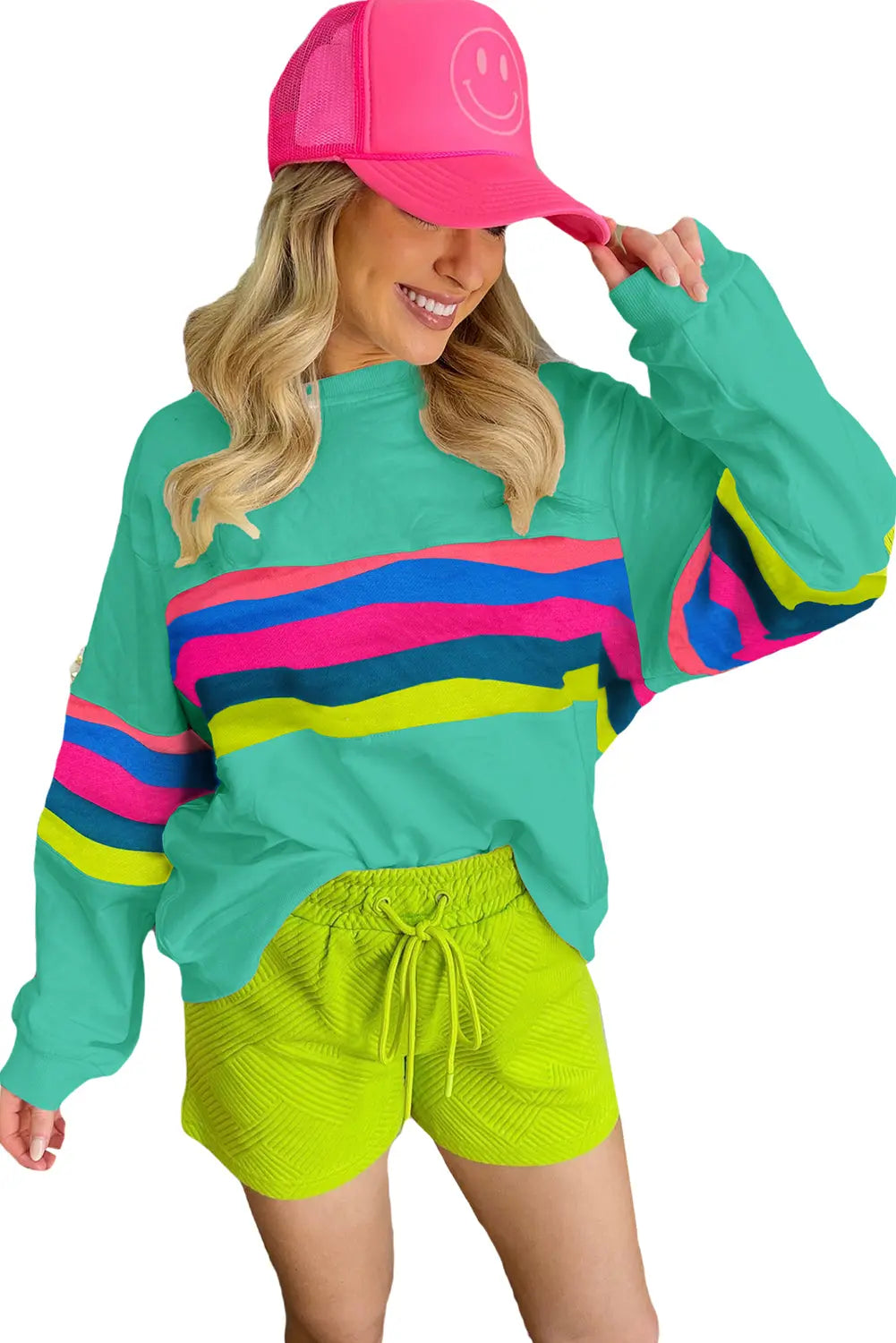 Green Colourful Striped Accent Long Sleeve T Shirt Beagle Boutique Fashion Outlet