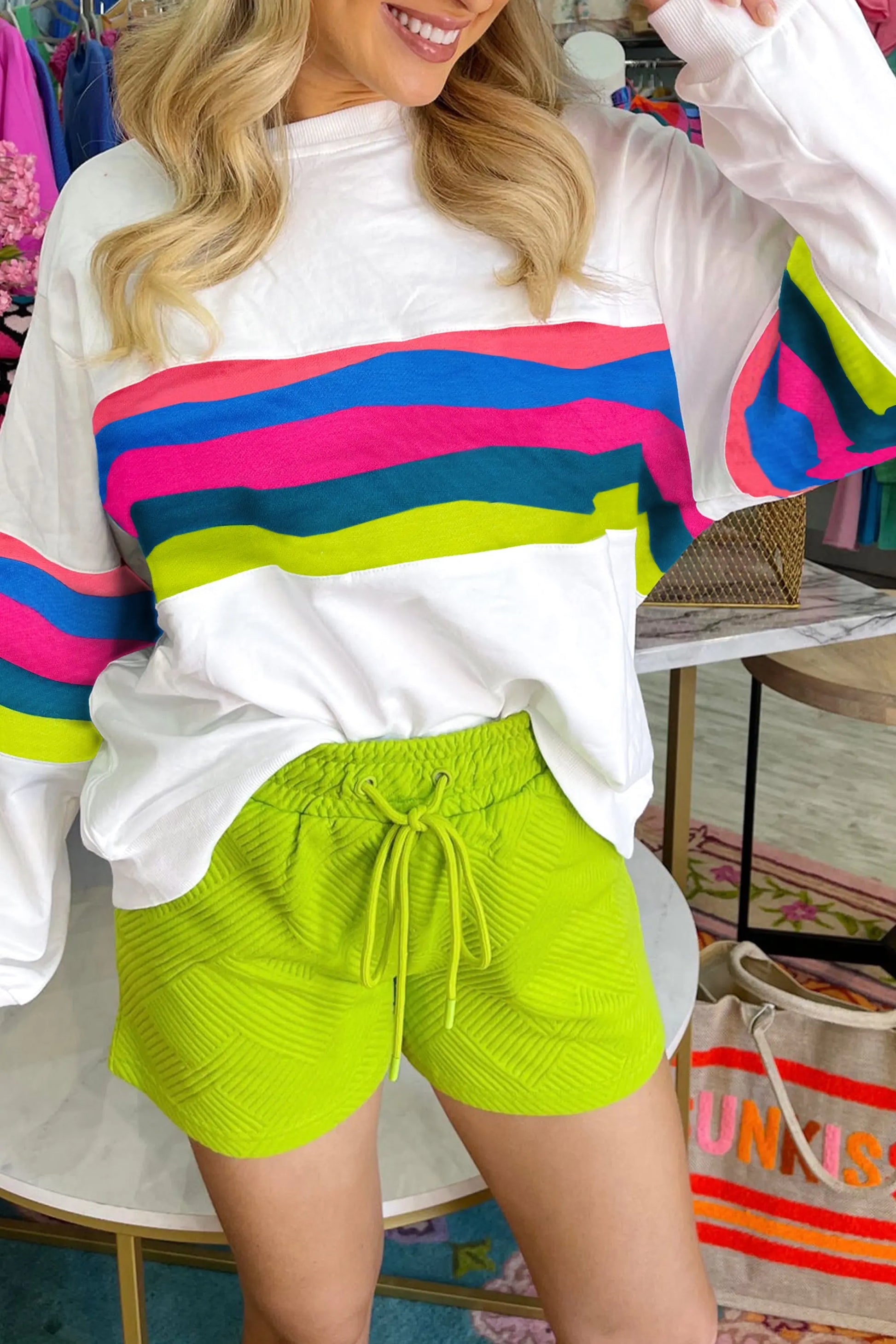 Green Colourful Striped Accent Long Sleeve T Shirt Beagle Boutique Fashion Outlet