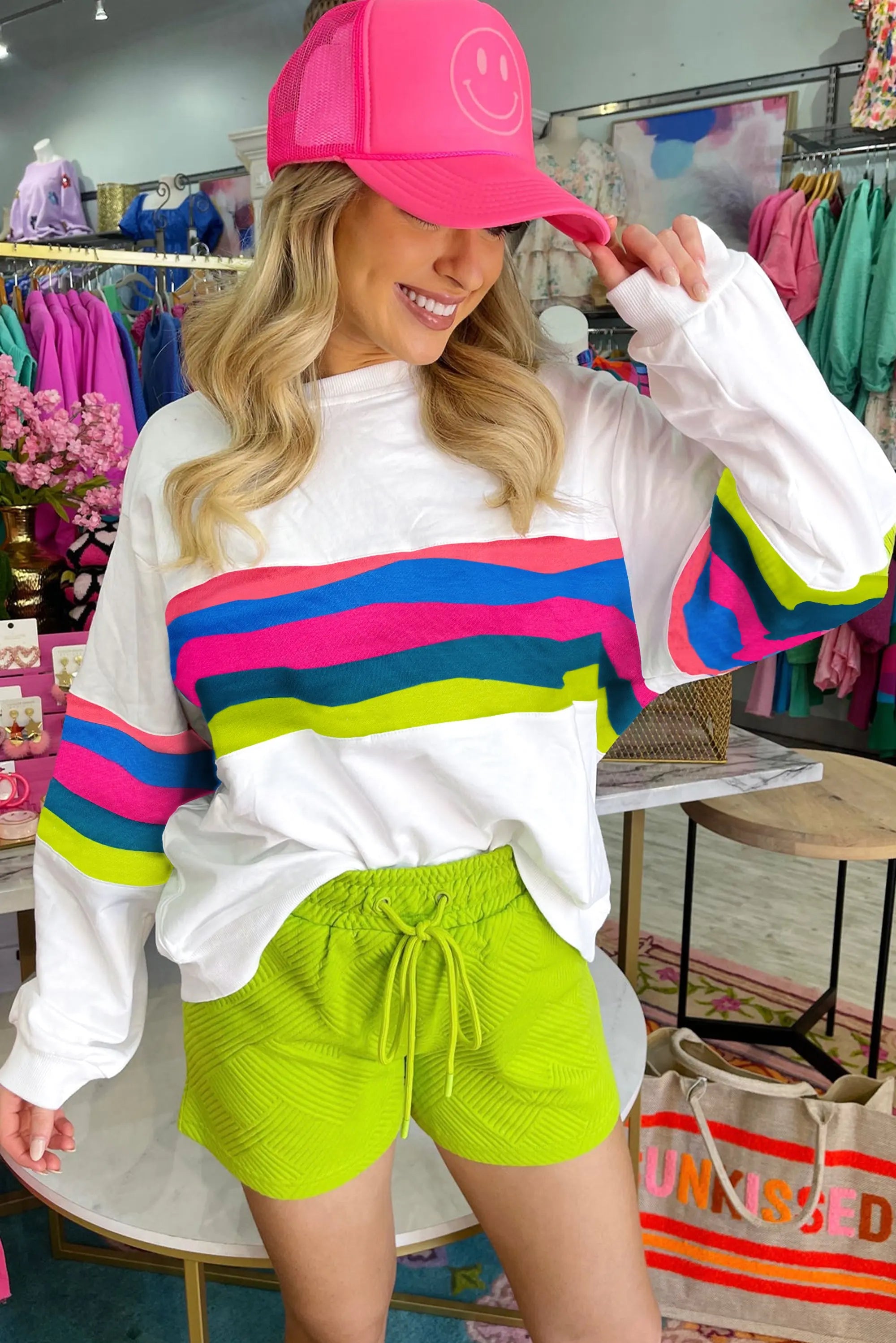 Green Colourful Striped Accent Long Sleeve T Shirt Beagle Boutique Fashion Outlet