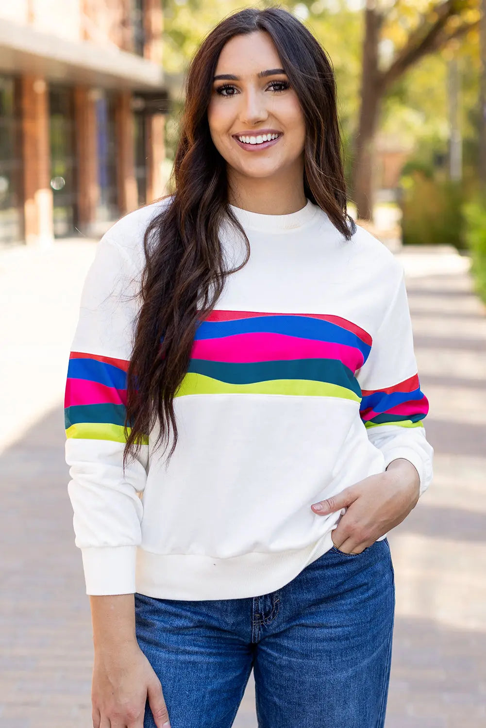 Green Colourful Striped Accent Long Sleeve T Shirt Beagle Boutique Fashion Outlet