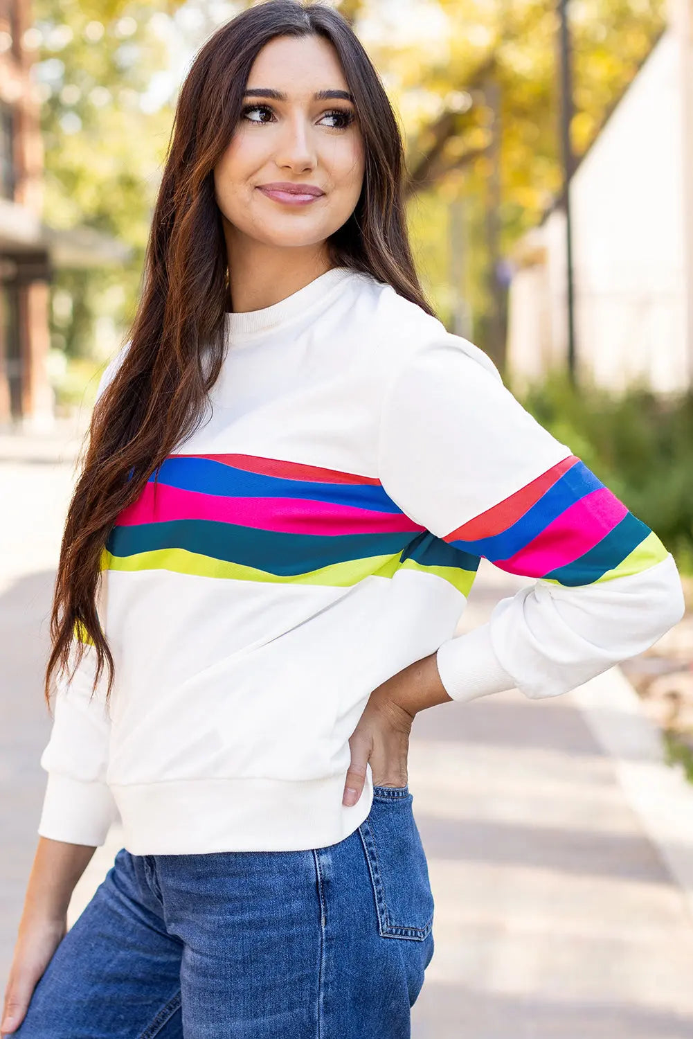 Green Colourful Striped Accent Long Sleeve T Shirt Beagle Boutique Fashion Outlet