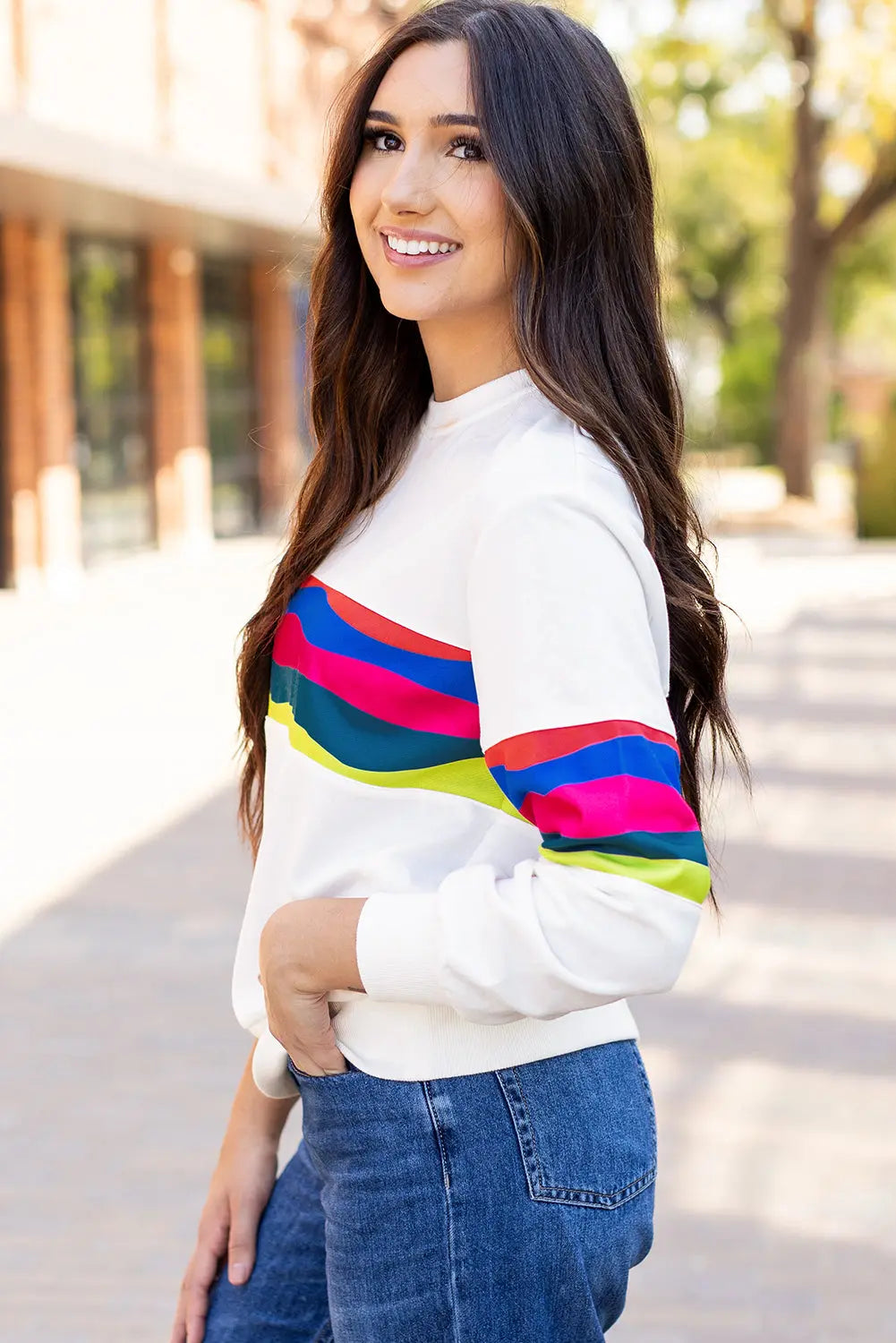 Green Colourful Striped Accent Long Sleeve T Shirt Beagle Boutique Fashion Outlet