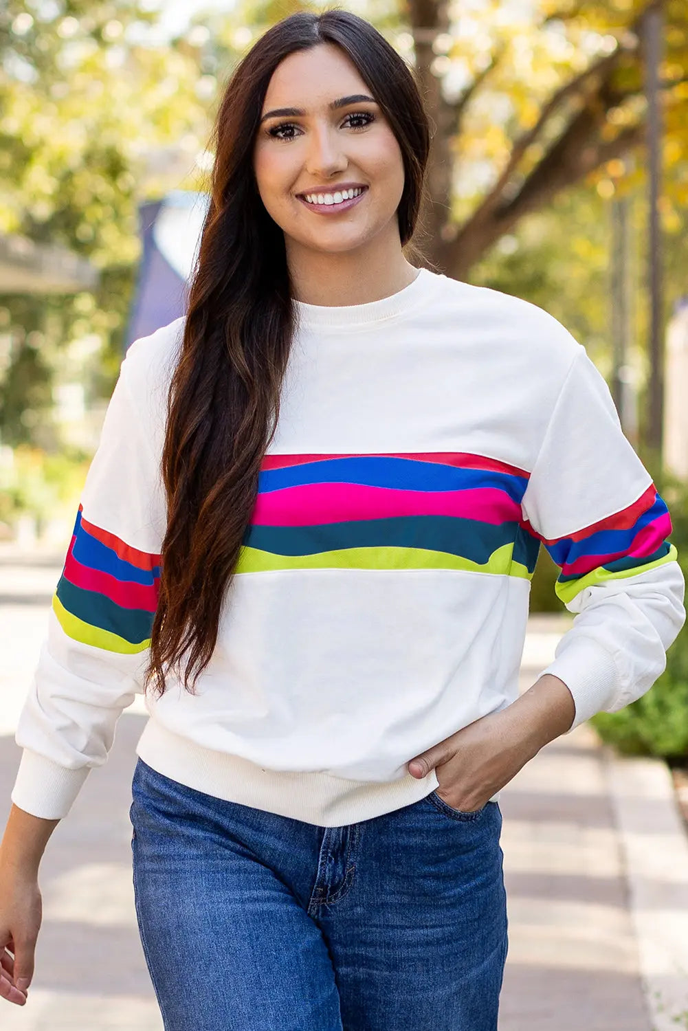 Green Colourful Striped Accent Long Sleeve T Shirt Beagle Boutique Fashion Outlet